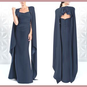 NWT $966 Alexander by Daymor [ 6 ] Cape Sleeves Strapless Gown Graphite Blue #J5